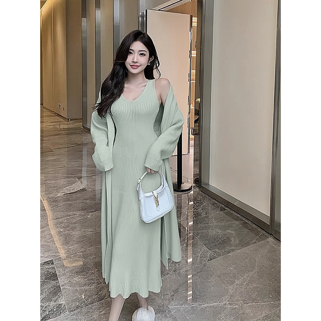 Set áo khoác len dáng dài kèm váy body 2 dây dáng dài  YIMI Set váy nữ thời trang