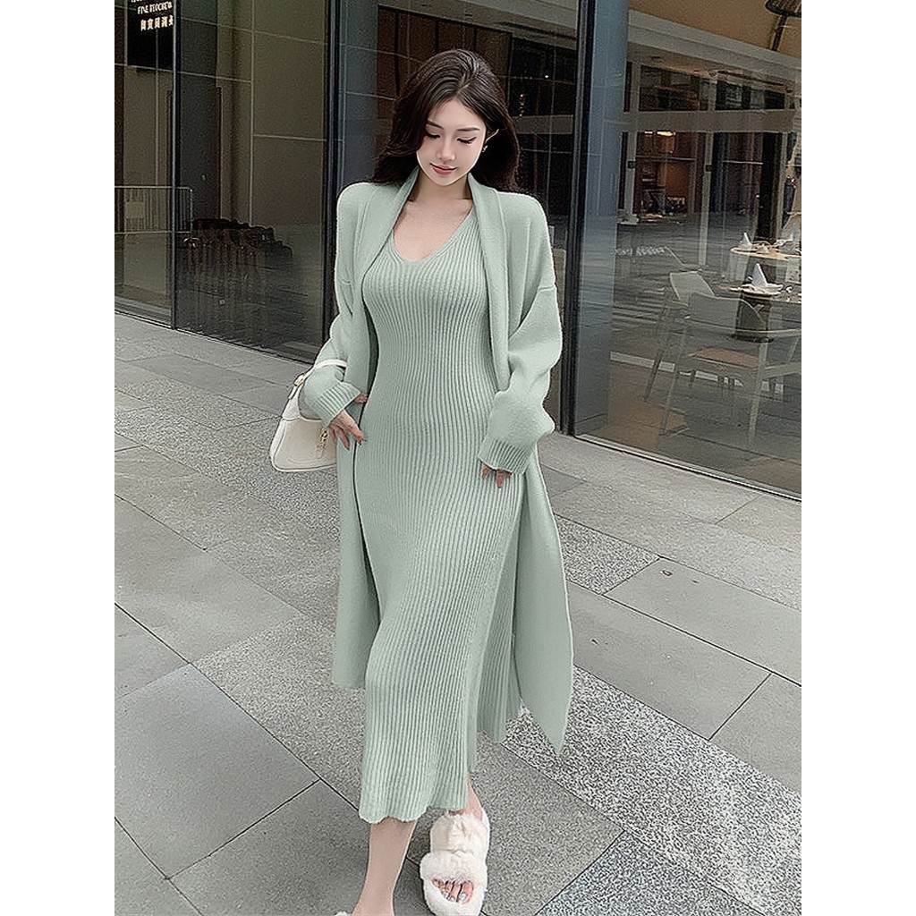 Set áo khoác len dáng dài kèm váy body 2 dây dáng dài  YIMI Set váy nữ thời trang