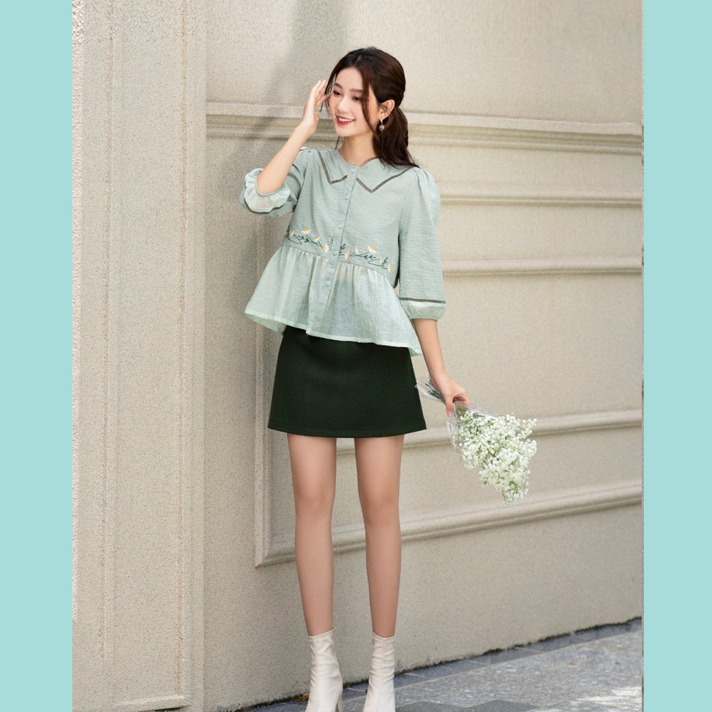 Áo Babydoll ODS thiết kế, xanh mind viền ren thêu hoa ngang eo trẻ trung dễ phối đồ mặc đi chơi đi làm cực xinh - SIA53