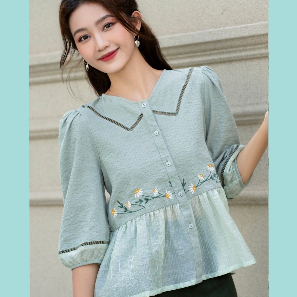 Áo Babydoll ODS thiết kế, xanh mind viền ren thêu hoa ngang eo trẻ trung dễ phối đồ mặc đi chơi đi làm cực xinh - SIA53