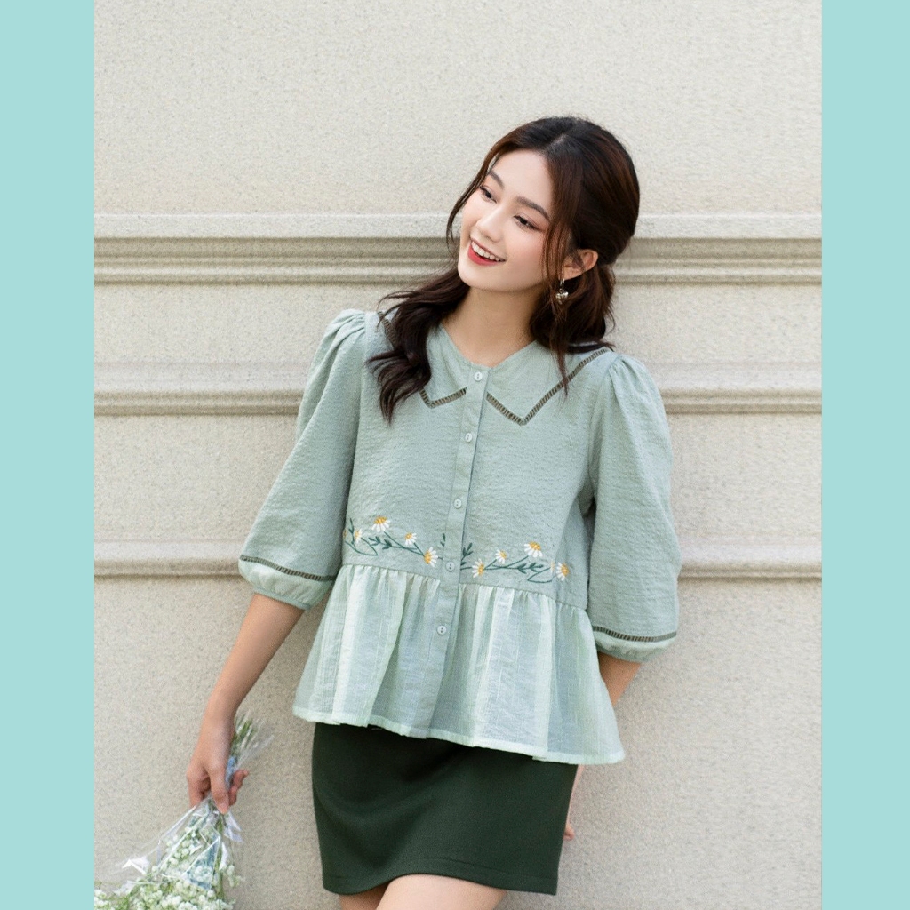 Áo Babydoll ODS thiết kế, xanh mind viền ren thêu hoa ngang eo trẻ trung dễ phối đồ mặc đi chơi đi làm cực xinh - SIA53