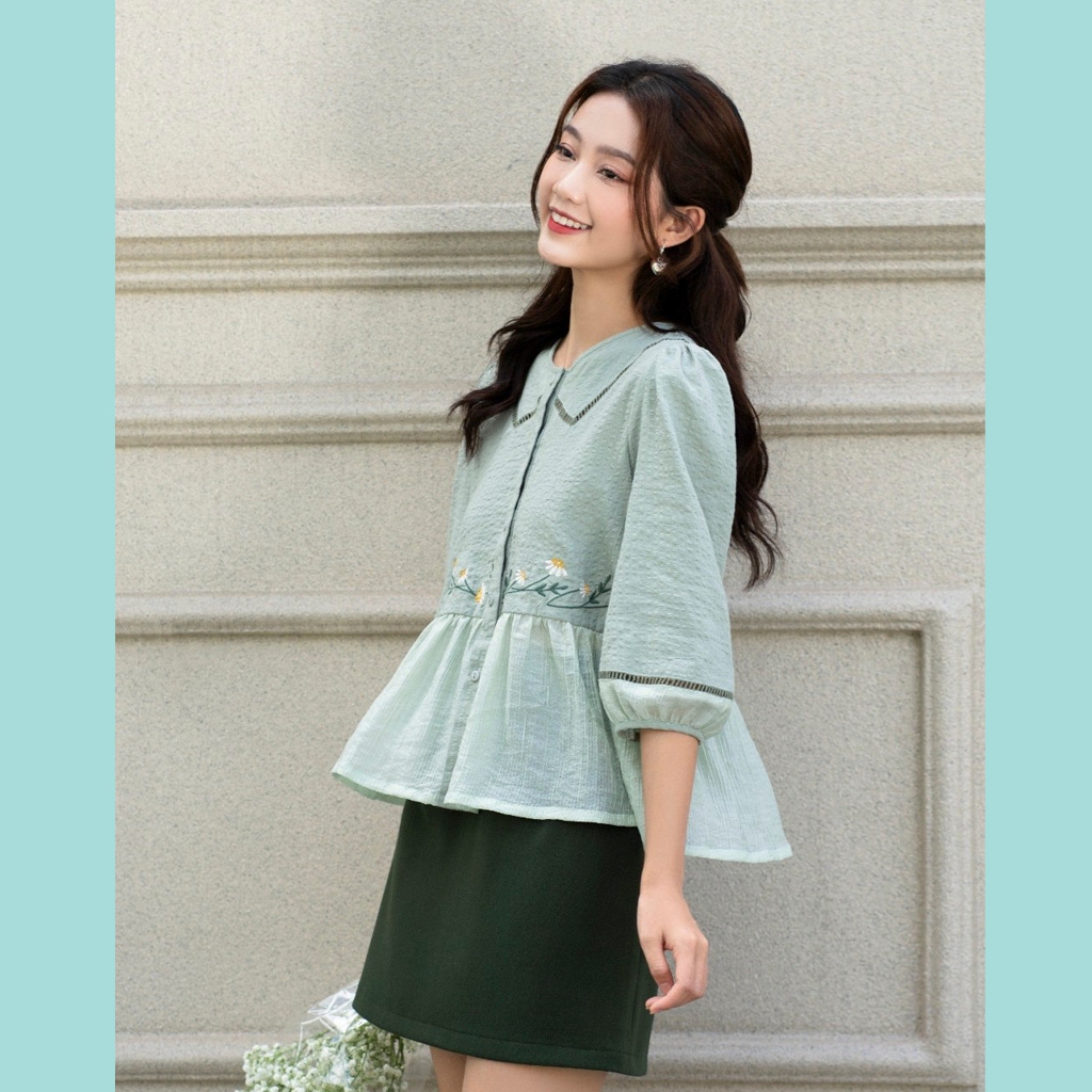 Áo Babydoll ODS thiết kế, xanh mind viền ren thêu hoa ngang eo trẻ trung dễ phối đồ mặc đi chơi đi làm cực xinh - SIA53