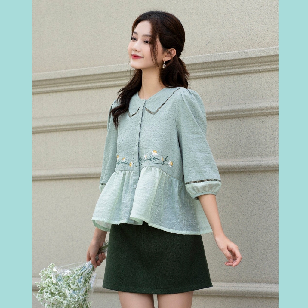 Áo Babydoll ODS thiết kế, xanh mind viền ren thêu hoa ngang eo trẻ trung dễ phối đồ mặc đi chơi đi làm cực xinh - SIA53