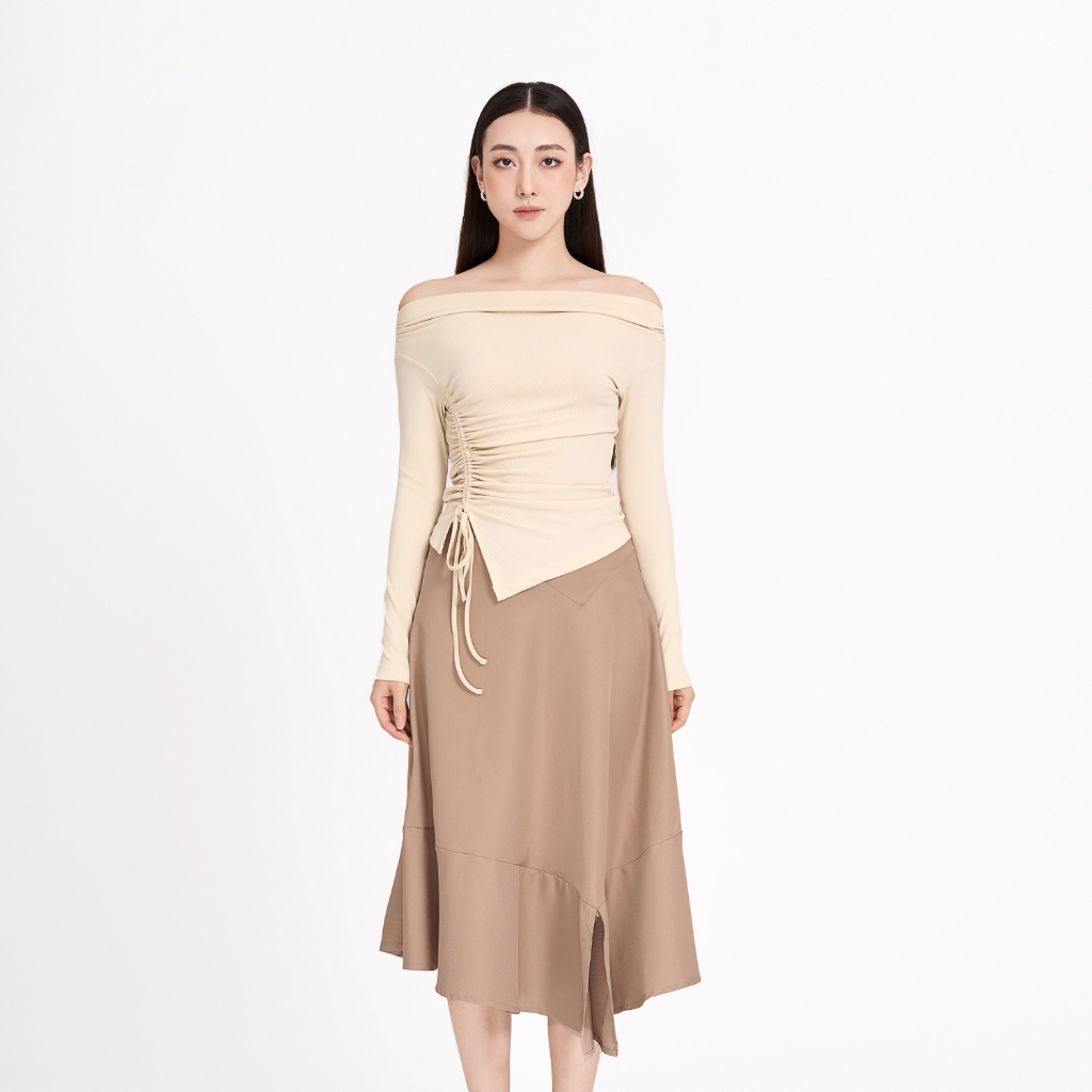 Áo ôm thun tăm bệt vai phối rút nhún Maybi