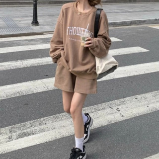 set đồ nữ, bộ quần áo nữ thu đông áo dài tay, quần short 2 màu nâu, đen in chữ trẻ trung năng động