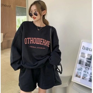 set đồ nữ, bộ quần áo nữ thu đông áo dài tay, quần short 2 màu nâu, đen in chữ xinh xắn