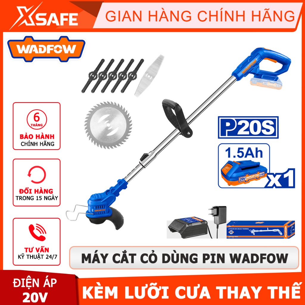 Máy cắt cỏ dùng pin 20V WADFOW WGTP511 kèm pin và sạc, 5 lưỡi nhựa, 1 lưỡi kim loại và 1 lưỡi cưa - Chính hãng