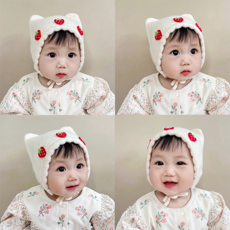 [Hàng sẵn] Mũ len dâu tây tai mèo xinh xắn dành cho bé gái