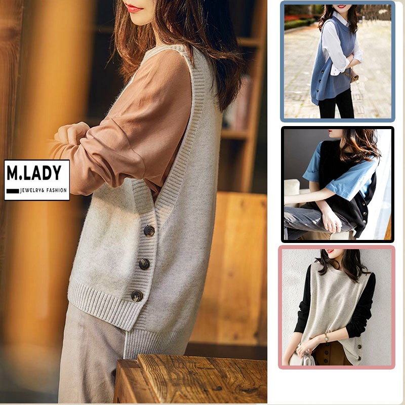 [Chuẩn Taobao] Áo len gile nữ phong cách Hàn Quốc có size cổ tròn vạt đóng cúc, size từ 42-65kg tôn dáng cực đẹp