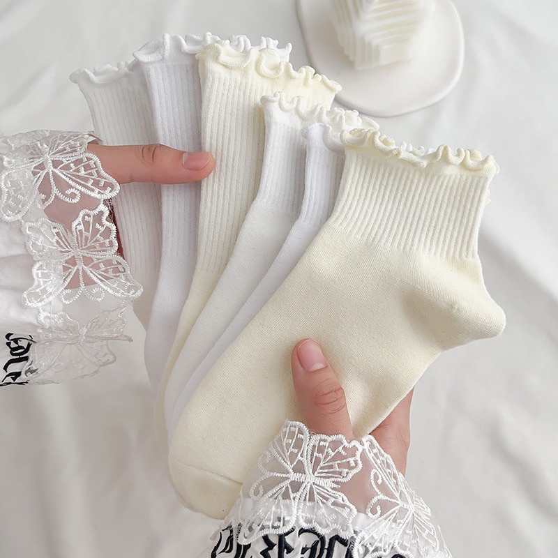 Tất trơn cổ nhỡ nhún xoăn hàng Quảng Châu loạt 1 style Hàn Quốc, tất trắng co dãn 4 chiều xinh xắn bánh bèo cho nữ
