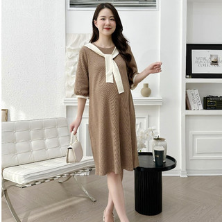 MEDYLA - Váy bầu len nâu cổ khăn polo hàn đầm bầu thiết kế len co dãn cho bầu đi chơi du lịch cực xinh - VTS1549