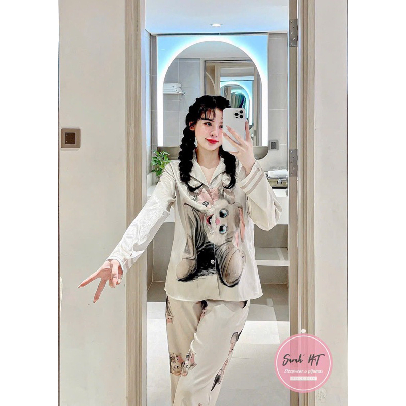 Bộ Pyjama Nữ Tay Dài Chất Lụa Xước Latin Đẹp Mắt Thoáng Mát Hàng Thiết Kế Siêu Xinh