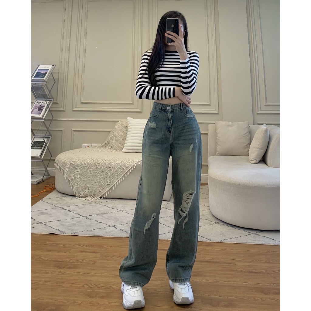 Quần jean rách dáng suông dài phong cách cá tính - Retrostyle - Quanjeanrach9301_P11K10