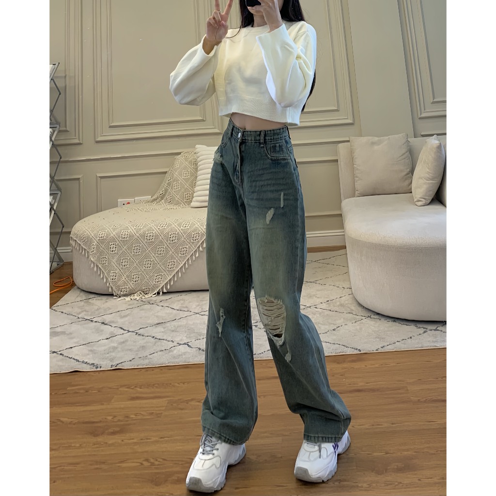 Quần jean rách dáng suông dài phong cách cá tính - Retrostyle - Quanjeanrach9301_P11K10