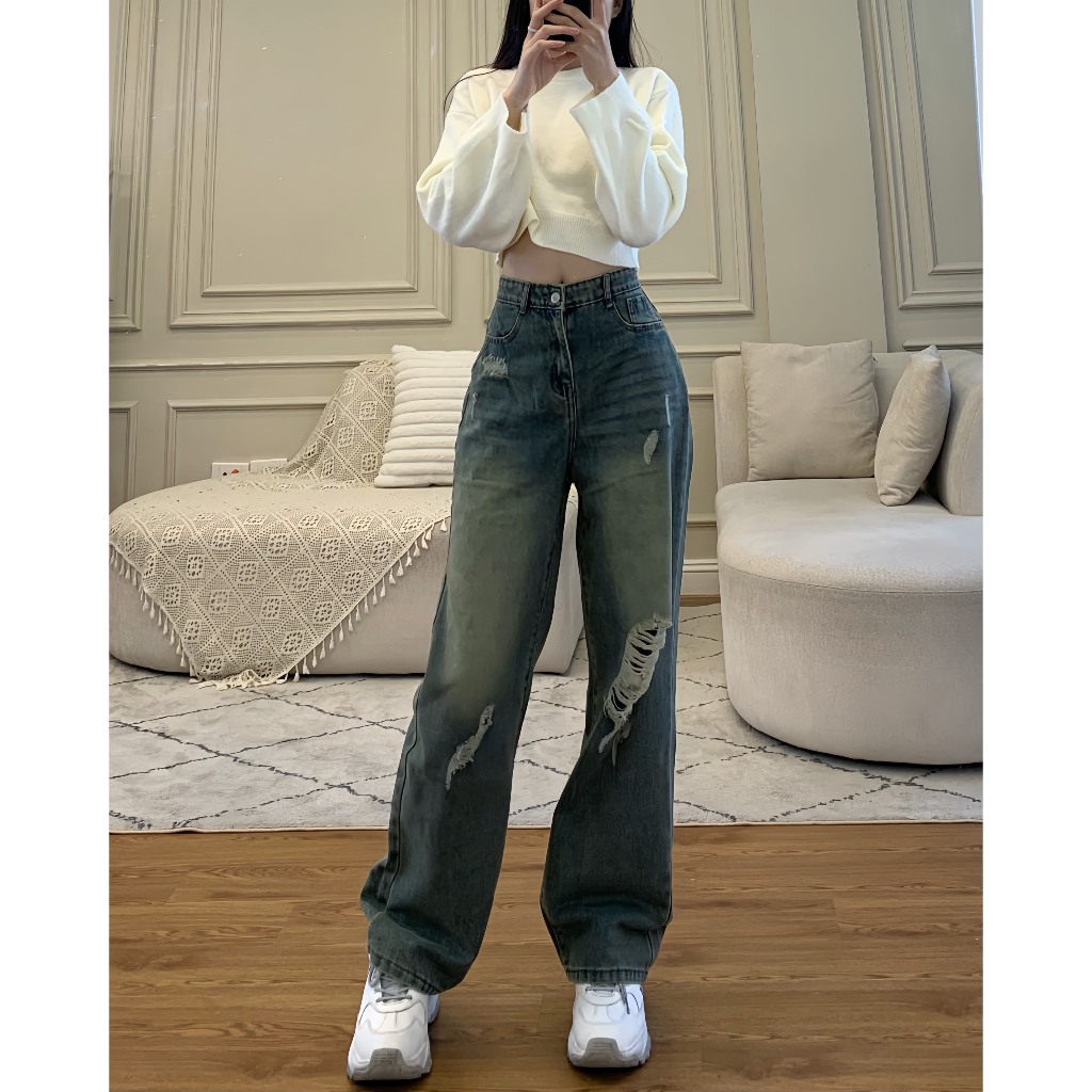 Quần jean rách dáng suông dài phong cách cá tính - Retrostyle - Quanjeanrach9301_P11K10