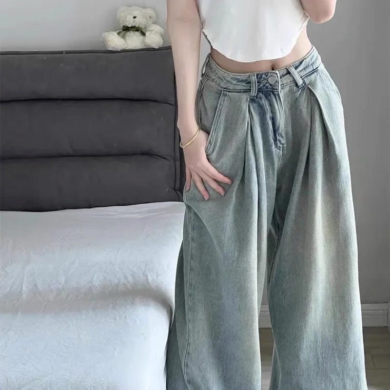 Quần Jean Ống Rộng Gấp Chít Eo Màu Xanh Độc Lạ Gấp Lai Dài QJ25