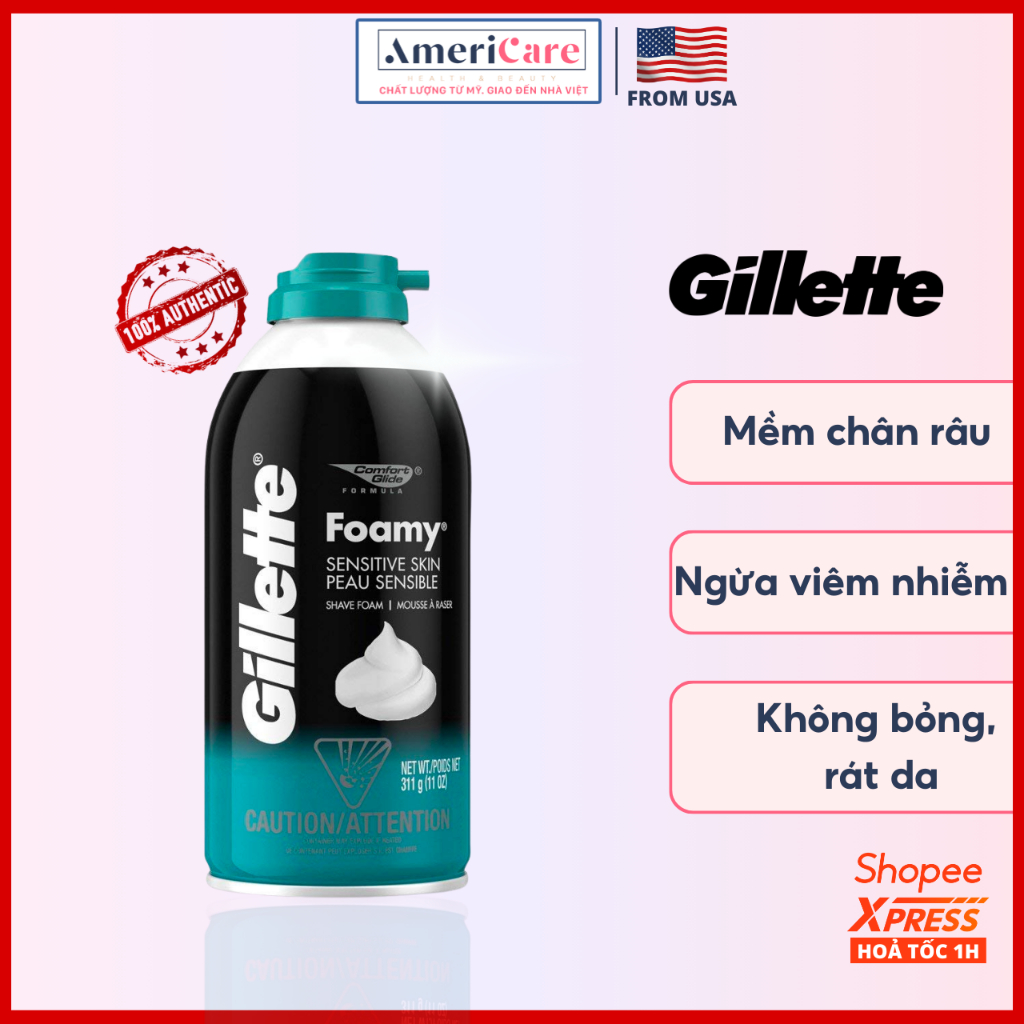 [Bill Mỹ] Bọt Kem Cạo Râu cho da nhạy cảm Gillette Foamy Shave Foam Sensitive Skin Peau Sensible 311g