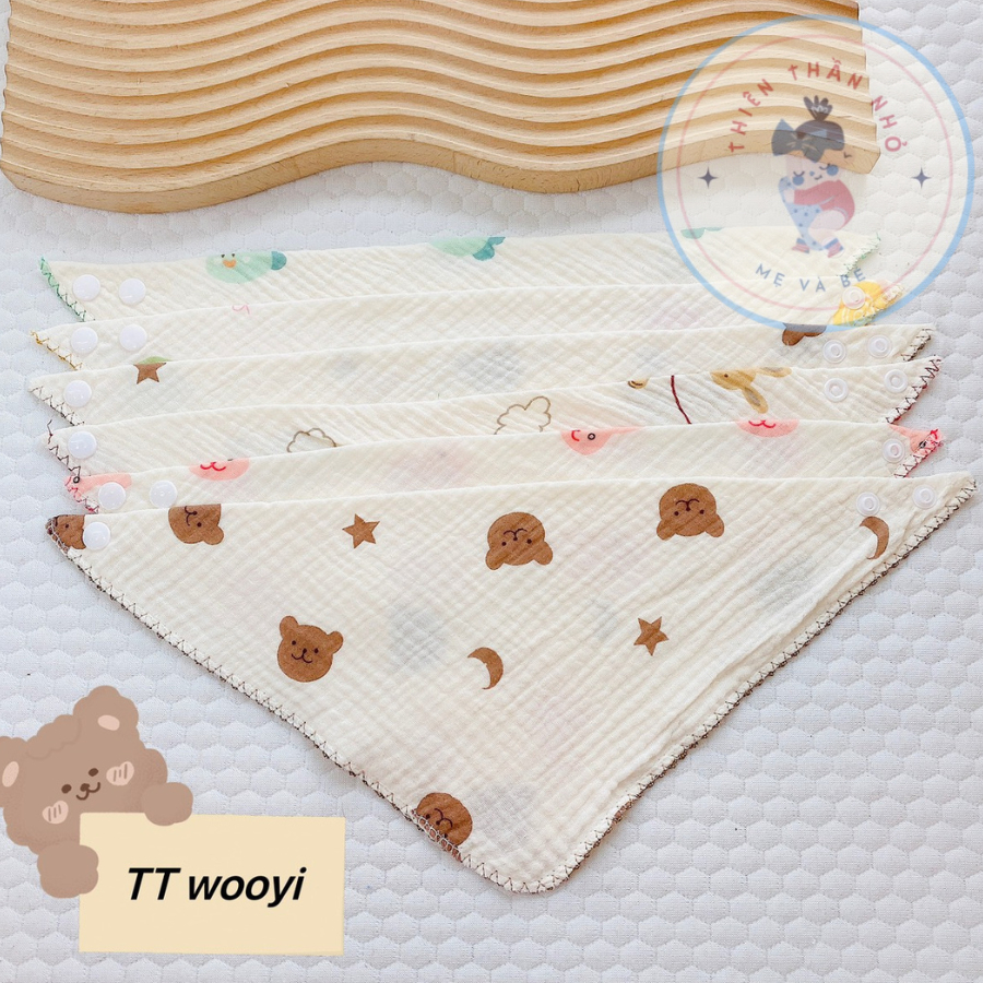 Khăn Yếm Tam Giác Xô Muslin Yếm Dãi Quàng Cổ Có Cúc Bấm Siêu Mềm, Mịn Cho Bé Sơ Sinh