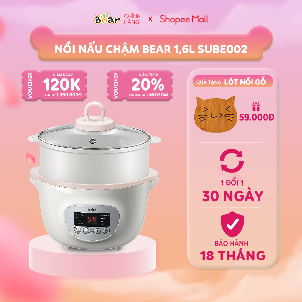 Nồi Nấu Chậm 1,6L Bear Chính Hãng Đa Năng Chưng Yến Điện Cách Thuỷ, Hầm Cháo, Nấu Cháo Chậm Cho Bé - Sube002