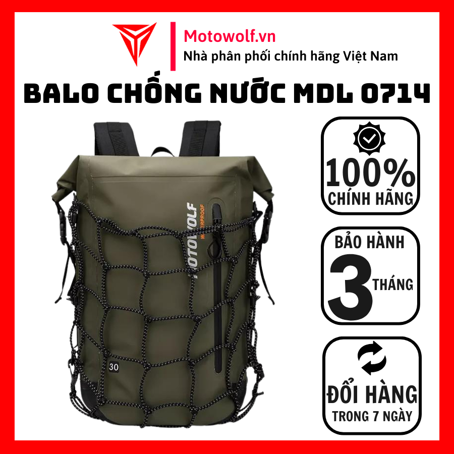 Balo Chống Nước Motowolf MDL0714 Xanh Rêu, Balo Đi Phượt Du Lịch Dung Tích 30L - Motowolf Việt Nam Chính Hãng