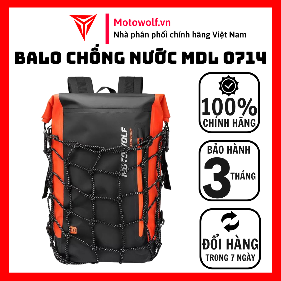 Balo Chống Nước Motowolf MDL0714 Cam, Balo Đi Phượt Du Lịch Dung Tích 30L - Motowolf Việt Nam Chính Hãng