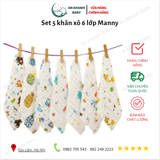 Set 5 khăn xô sữa, khăn xô rửa mặt 6 lớp Manny
