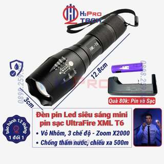 Đèn pin mini siêu sáng ultrafire xml-t6 zoom x2000 led trắng, đèn xml t6 cầm tay pin sạc, chống nước - h2pro tech