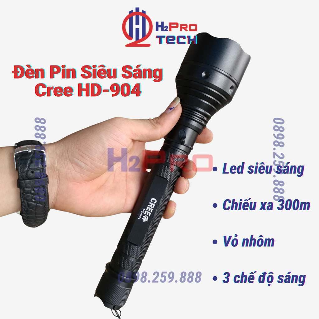 Đèn Pin Siêu Sáng Cree 904 Led Cree Trắng Chiếu Xa Trên 300M, Vỏ Hợp Kim Siêu Cứng, Pin Sạc, Chống N