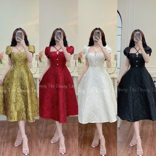 Váy gấm nổi dây chéo cổ V116