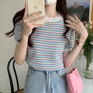 K20 áo len cộc tay cổ tròn sắc màu chất len nhẹ mặc 4 mùa, dáng basic dễ phối đồ, áo len có giãn tốt freesize 40-60kg