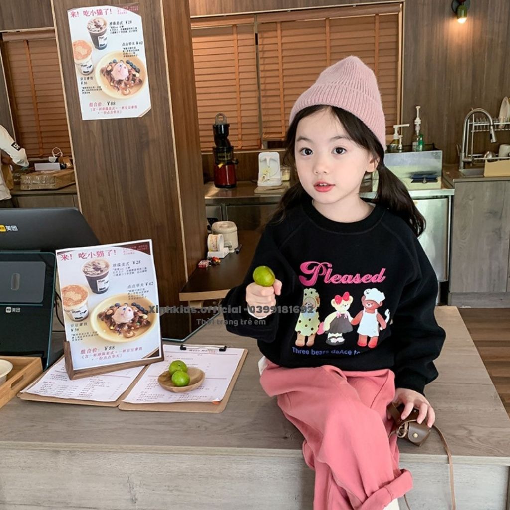 Áo dài tay lót bông mỏng chất cotton lụa cao cấp cho bé gái 3 -9 tuổi  siêu dễ thương, áo nỉ cho bé gái hàng quảng châu