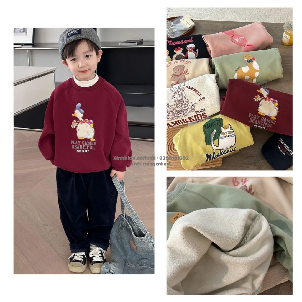 Áo dài tay lót bông mỏng chất cotton lụa cao cấp cho bé gái 3 -9 tuổi  siêu dễ thương, áo nỉ cho bé gái hàng quảng châu