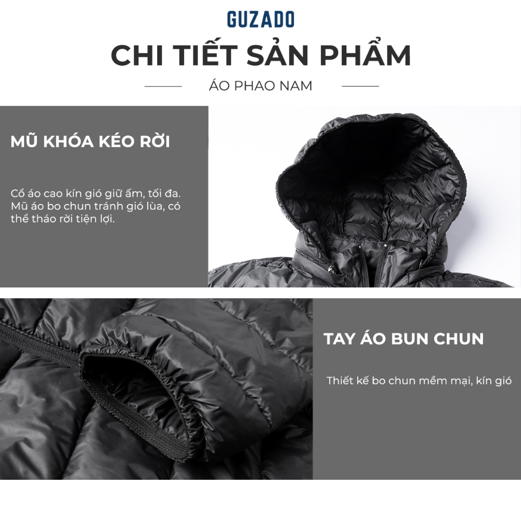 Áo Phao Nam GUZADO Mũ Tháo Rời, Phong Cách Basic, Chất Liệu Trần Bông Siêu Nhẹ, Cách Nhiệt, Giữ Ấm Tốt GAP01