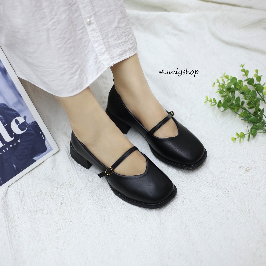 Giày Judy- Giày Gót Vuông  ST Da Lì Quai Ngang Mũi Tim 4p QCCC