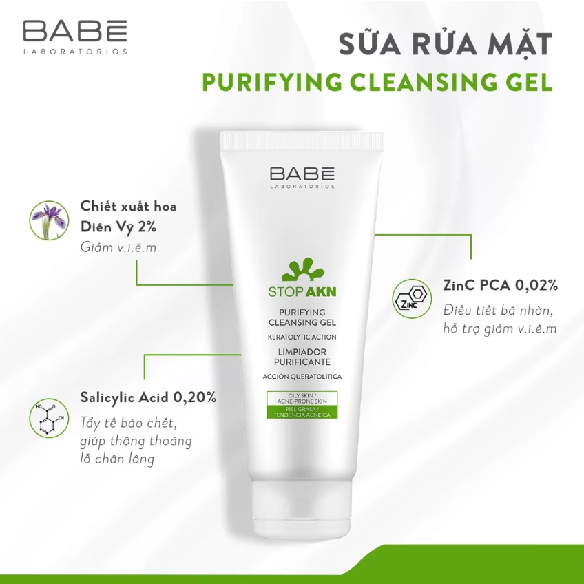 SỮA RỬA MẶT BABE Purifying Cleansing Gel Sữa rửa mặt cho da dầu mụn 200ML