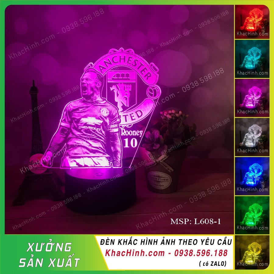 Đèn decor khắc hình cầu thủ Rooney - CLB MU, khắc hình ảnh theo yêu cầu, quà tặng ý nghĩa