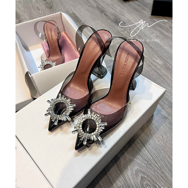 Sandal mica trong đá mặt trời màu đen gót loe 9cm