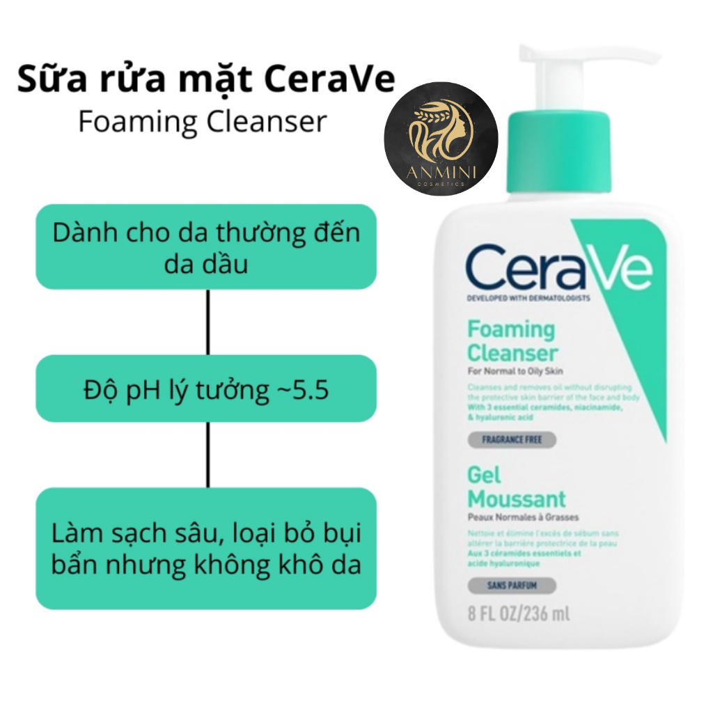 Sữa Rửa Mặt CeraVe Foaming, Hydrating, SA Smoothing Cleanser - Da Dầu , Khô, Nhạy Cảm , Mụn 236ml - Anminii cosmetics