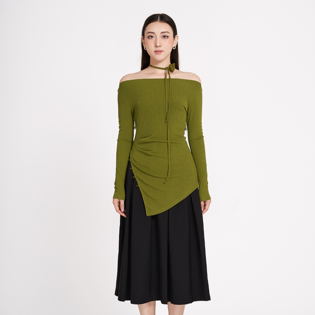 Áo kiểu thun sọc xẻ tà lệch Maybi