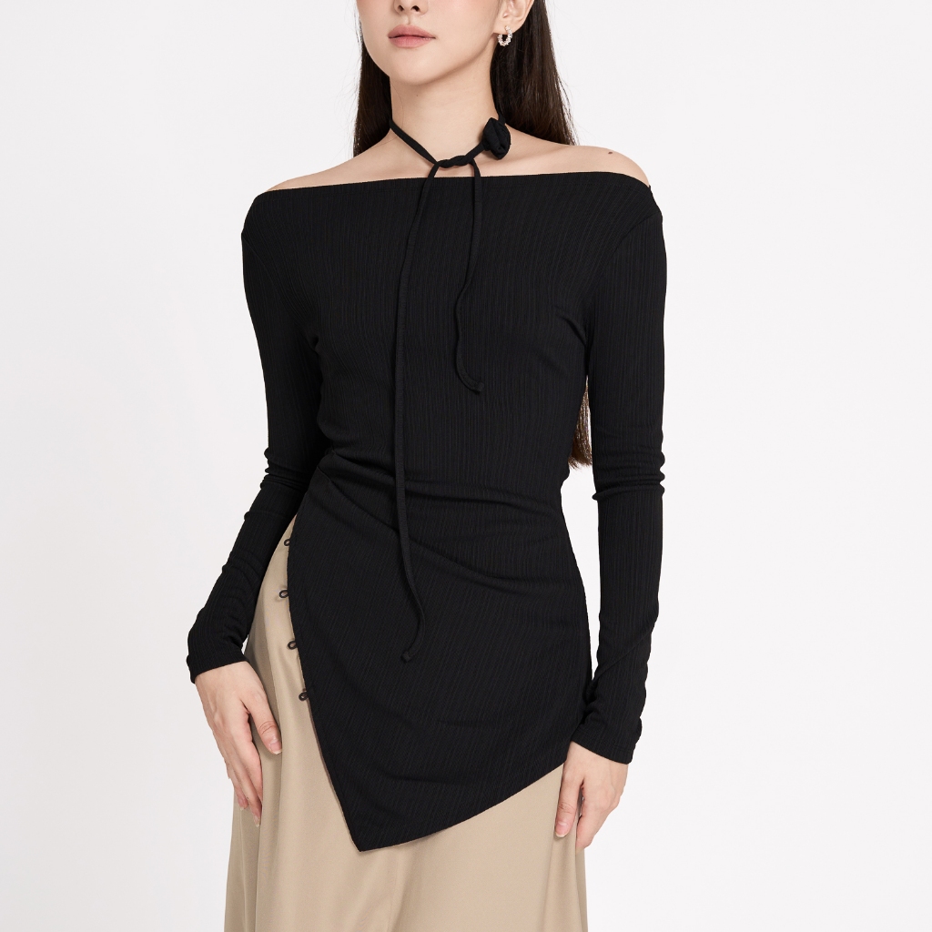 Áo kiểu thun sọc xẻ tà lệch Maybi