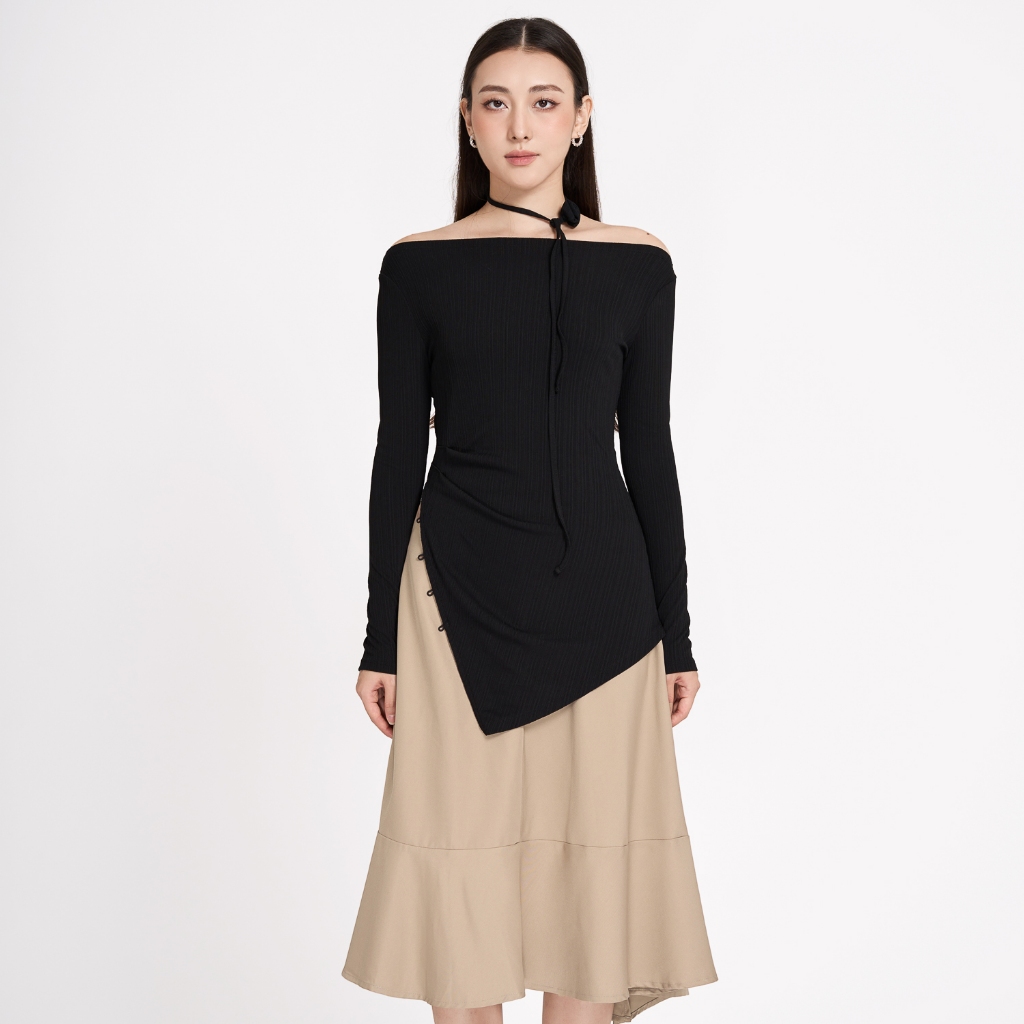 Áo kiểu thun sọc xẻ tà lệch Maybi