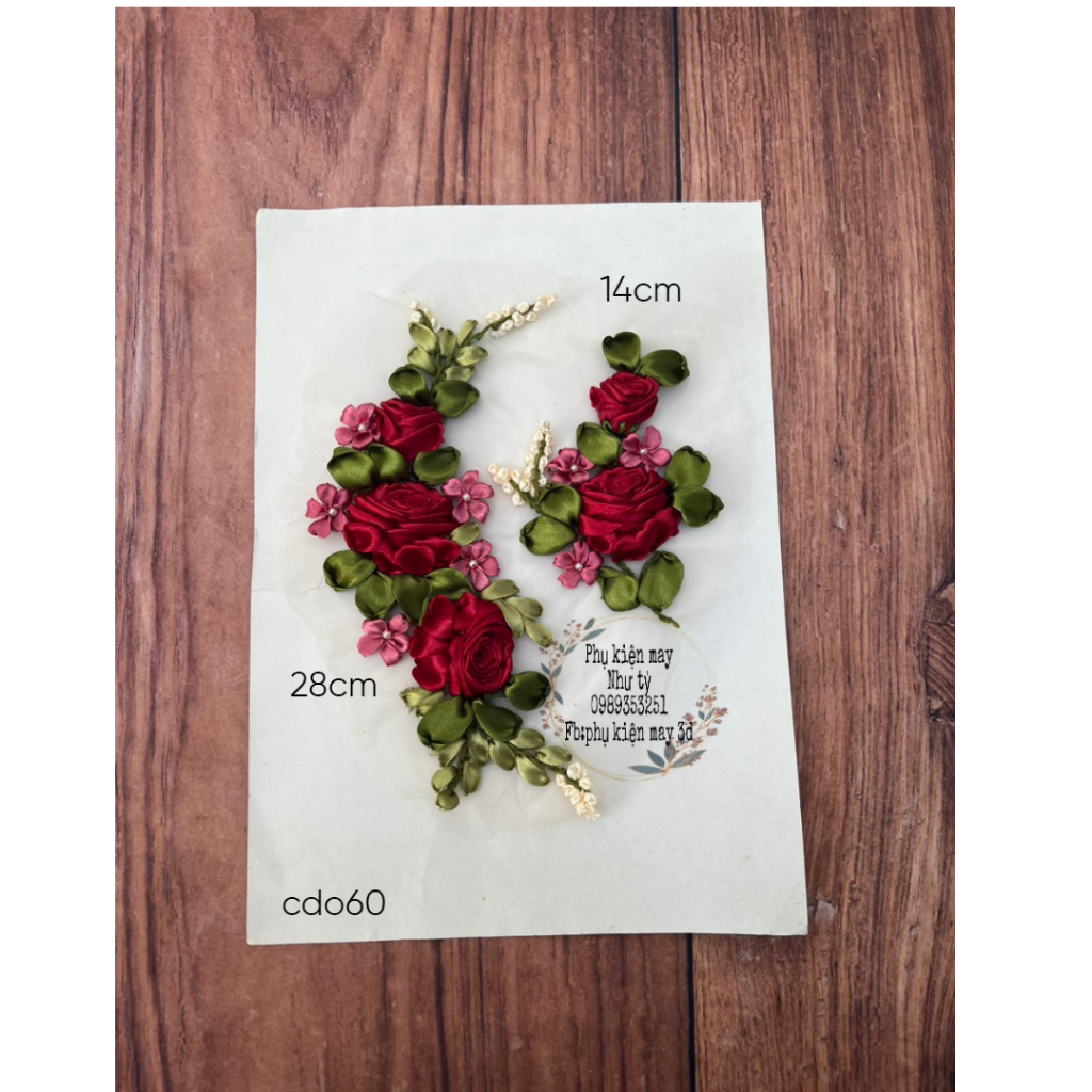 Bộ hoa ruy băng thêu 2 hoa hồng xinh xắn