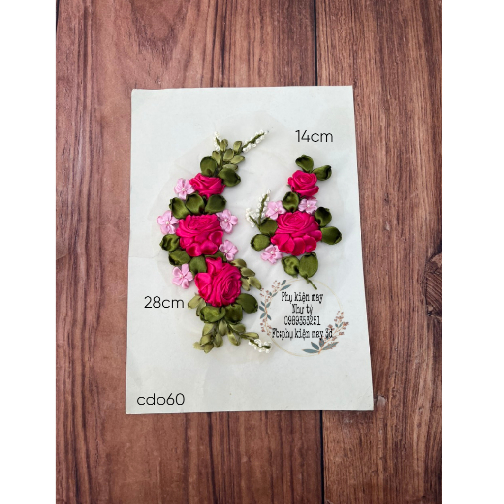 Bộ hoa ruy băng thêu 2 hoa hồng xinh xắn
