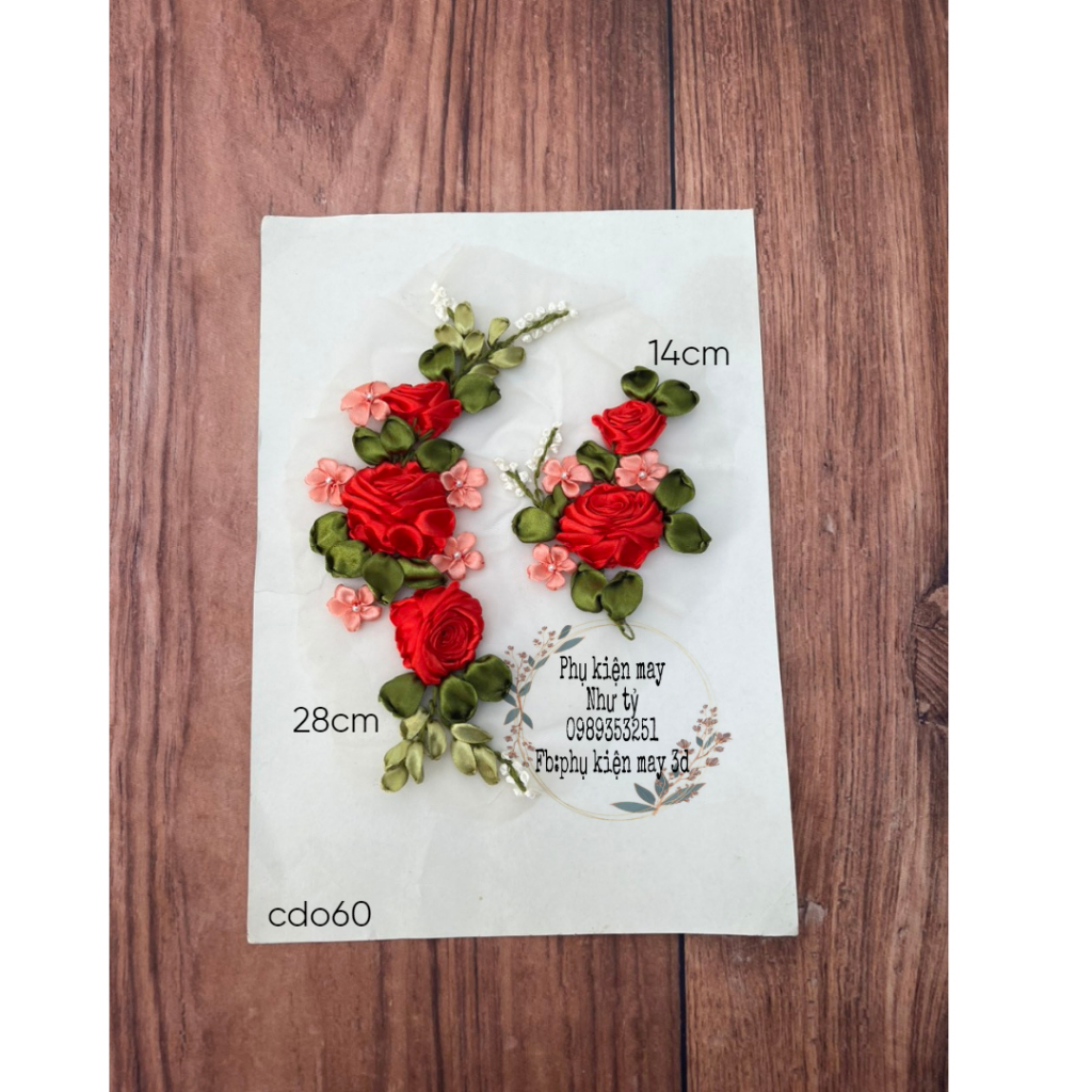 Bộ hoa ruy băng thêu 2 hoa hồng xinh xắn