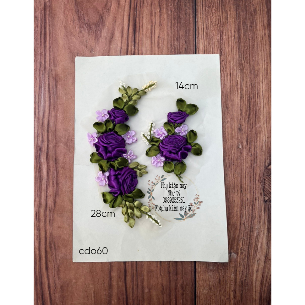 Bộ hoa ruy băng thêu 2 hoa hồng xinh xắn