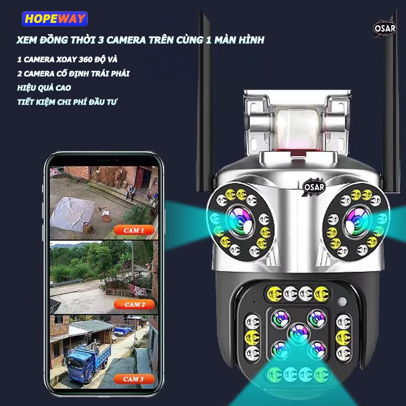 Camera IP Wifi HopeWay PTZ 3 MẮT, 4K,Xem 3 Màn Hình Cùng Lúc, Zoom 8X,Xem Đêm Có Màu, Góc Siêu Rộng, Siêu Nét