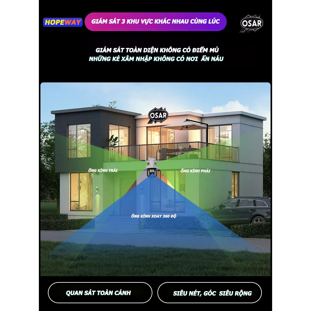 Camera IP Wifi HopeWay PTZ 3 MẮT, 4K,Xem 3 Màn Hình Cùng Lúc, Zoom 8X,Xem Đêm Có Màu, Góc Siêu Rộng, Siêu Nét