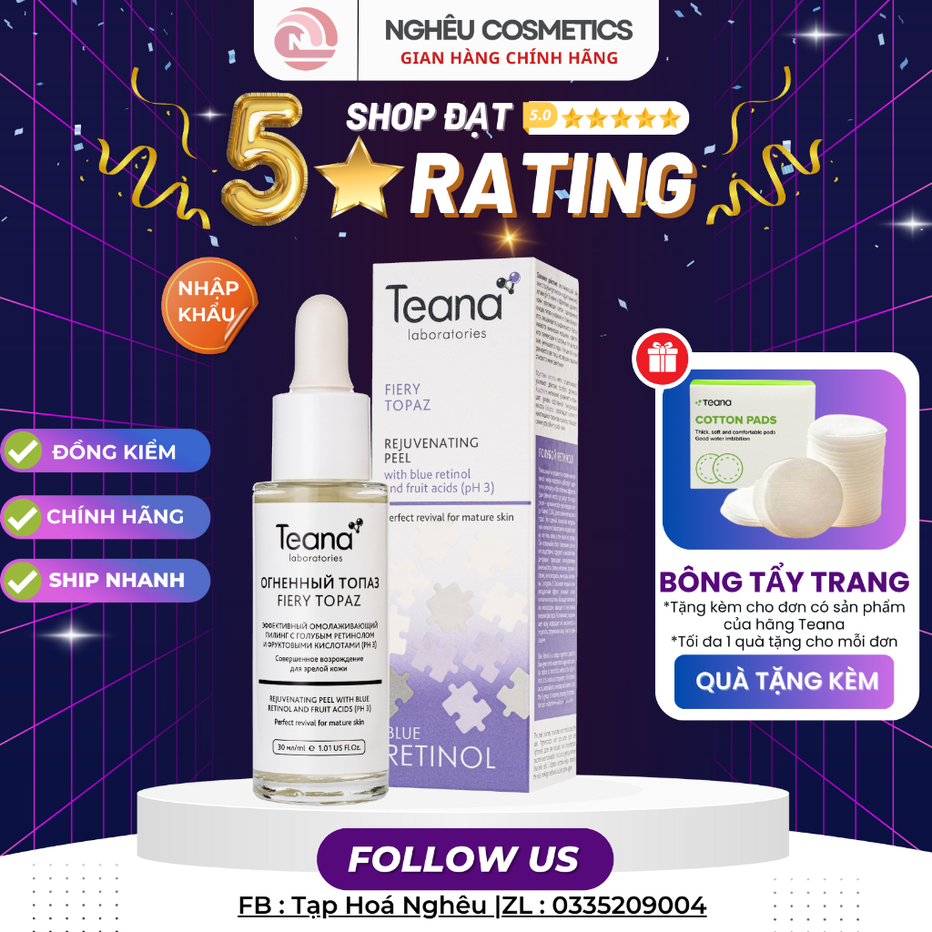 Tẩy Da Chết Hóa Học TEANA Blue Retinol Fiery Topaz Rejuvenating Peel Giảm Mụn Căng Bóng Da 30ml