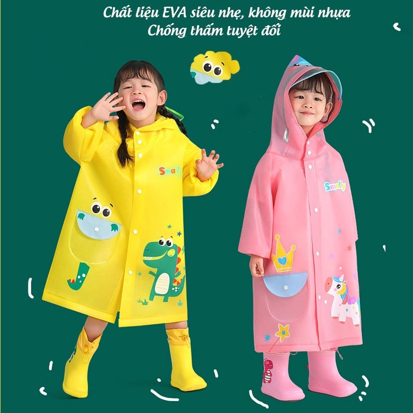 Áo mưa cho bé chính hãng Smally, siêu nhẹ, siêu dai, siêu bền cho bé trai bé gái cao từ 80-135cm Túi đựng đồ miễn phí