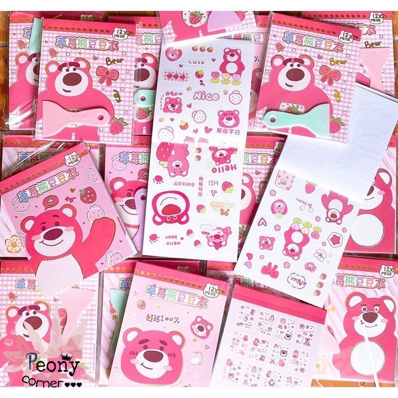 Sổ Hình Dán Sticker Gấu Dâu Lotso Size Nhỏ 12 Tờ Siêu Cute Trang Trí Sổ Tay Góc Học Tập